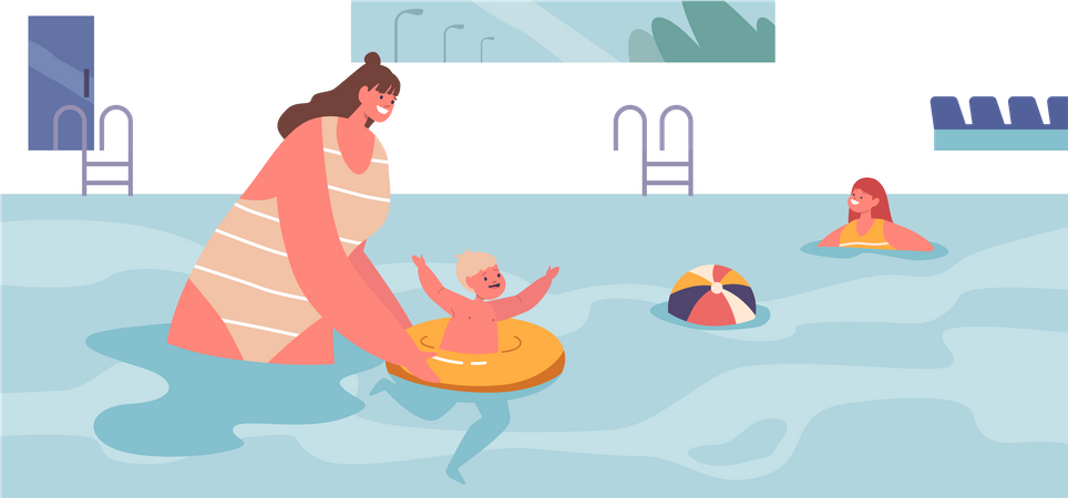Le personnage de la mère guide doucement bébé dans l'eau  Illustration