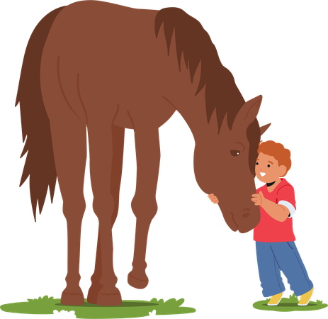 Le personnage d'un petit garçon prend tendrement soin de son cheval dans un champ d'été ensoleillé  Illustration