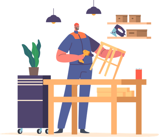 Le personnage masculin du travailleur assemble une chaise en bois à l’aide d’outils tels que des perceuses, des marteaux et des vis. Les pièces sont assemblées  Illustration