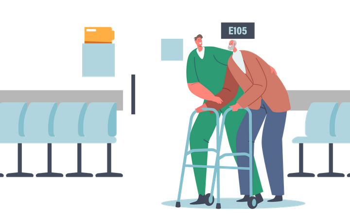 Le personnel hospitalier aide un patient âgé à déménager  Illustration