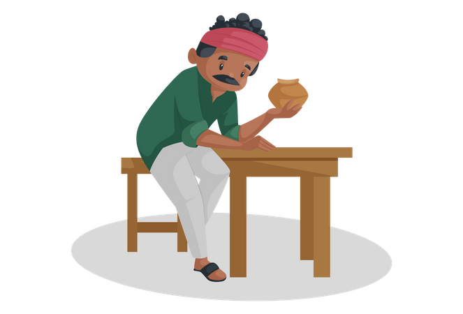 Le potier indien est assis sur une table et tient un pot en terre à la main  Illustration