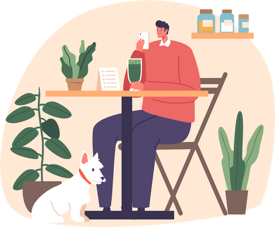 Le propriétaire d'un chien savoure un smoothie avec son ami à quatre pattes au restaurant végétalien  Illustration