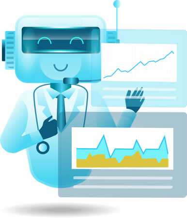 Un robot aide les médecins à analyser les données des patients sur un moniteur  Illustration