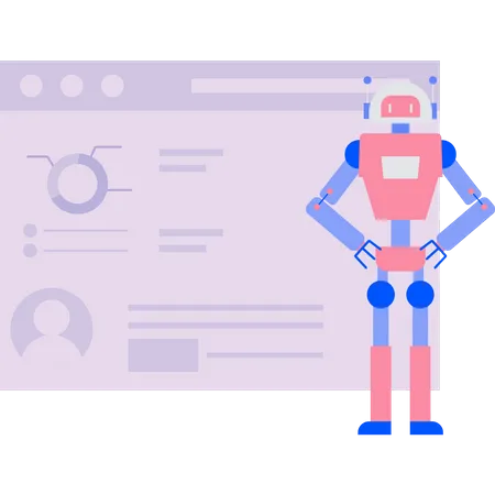 Le robot travaille sur un rapport graphique sur une page Web  Illustration