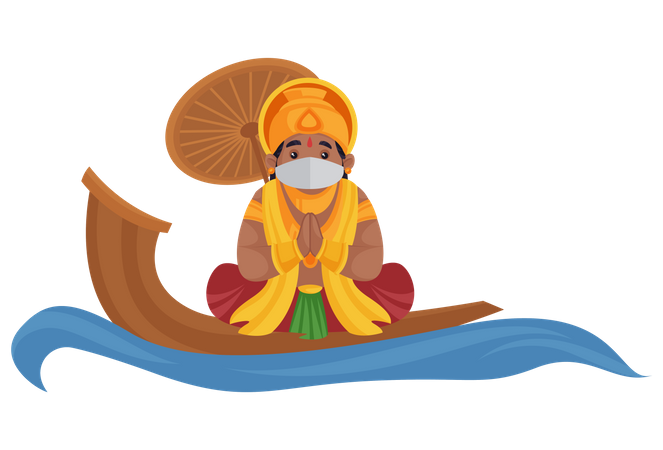 Le roi Mahabali porte un masque et est assis sur un bateau nautique en train de faire Namaste  Illustration