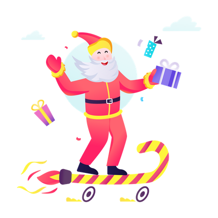 Le père Noël chevauche une canne en bonbon  Illustration