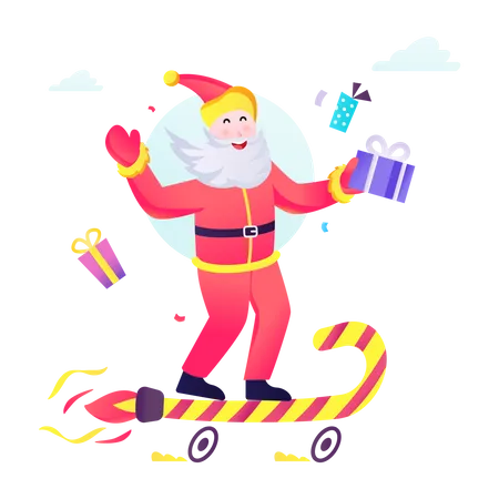 Le père Noël chevauche une canne en bonbon  Illustration