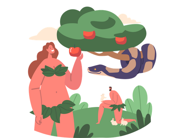 Un serpent maléfique trompe et tente Ève en lui faisant manger des fruits d'un arbre interdit  Illustration