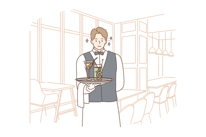 Le serveur sert des boissons alcoolisées aux clients  Illustration