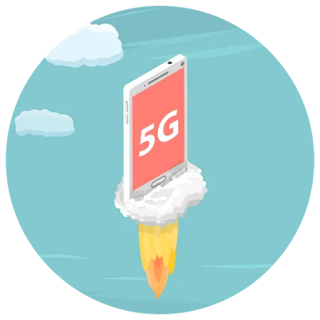 Un smartphone portant le titre 5G vole dans le ciel comme une fusée  Illustration