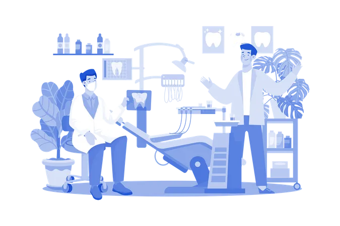 Le stomatologue et les infirmières examinent les résultats du diagnostic pour administrer un traitement à la clinique dentaire  Illustration