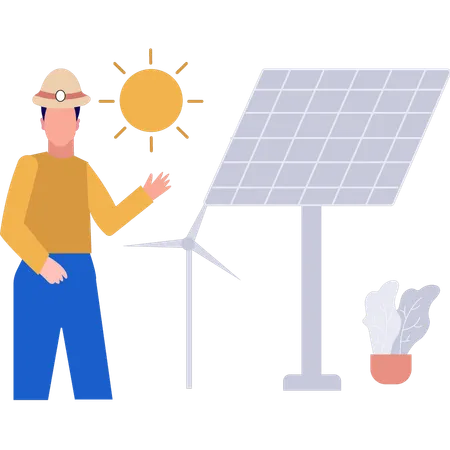Le technicien travaille sur les services de panneaux solaires  Illustration