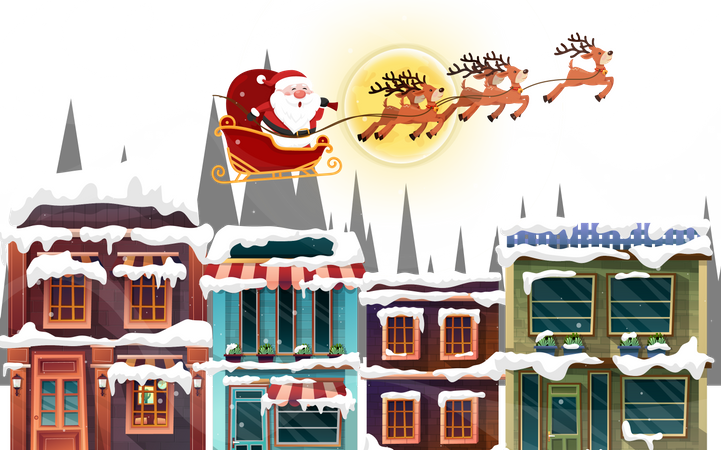 Traîneau du Père Noël sur le toit et la cheminée la nuit de Noël  Illustration