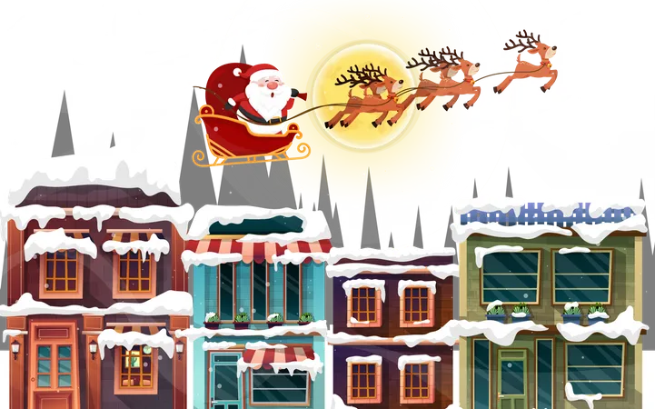 Traîneau du Père Noël sur le toit et la cheminée la nuit de Noël  Illustration