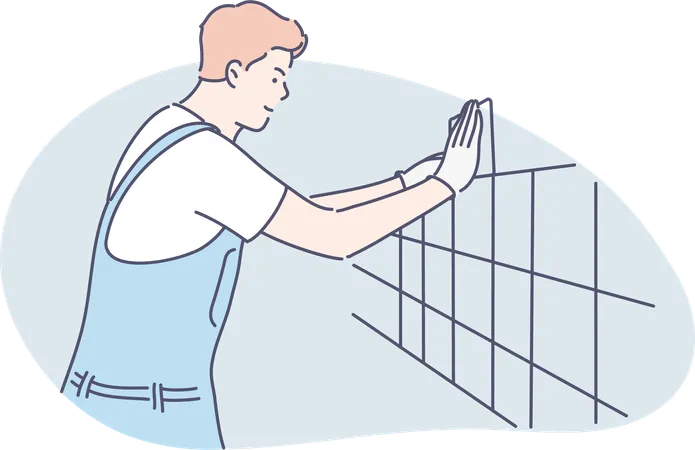 Le travail fixe les carreaux sur le mur  Illustration