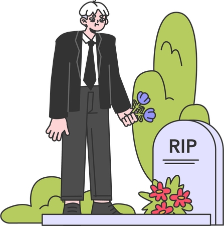 Un vieil homme garde des fleurs dans le cimetière de sa femme  Illustration