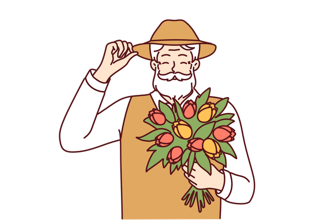 Le vieil homme tient un bouquet de fleurs  Illustration