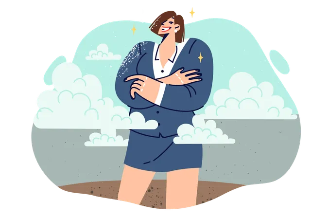 Tall Woman Leader Stands Among Clouds And Confidently Crosses Arms In Front Of Chest Smiling Leader Girl In Business Suit Suggests Contacting Consulting Company To Draw Up Marketing Plan Illustration