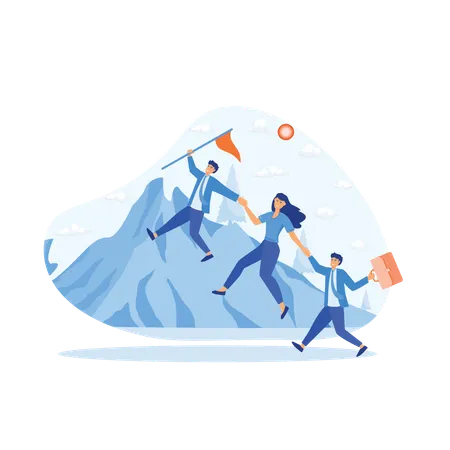 Leader helps team climb cliff and achieve goals  Illustration