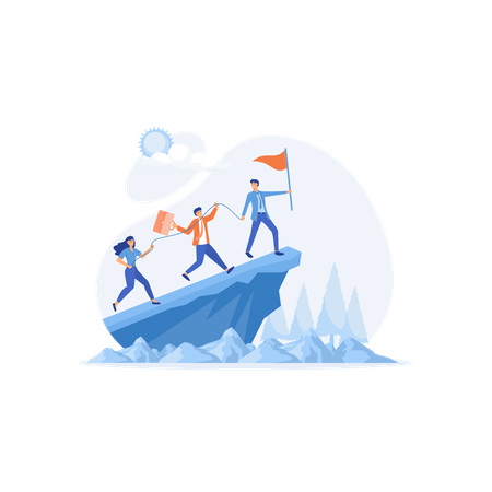 Leader Helps The Team To Climb The Cliff And Reach The Goal  Illustration