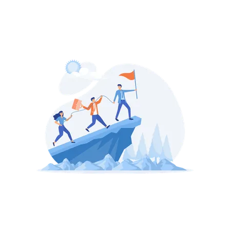 Leader Helps The Team To Climb The Cliff And Reach The Goal  Illustration