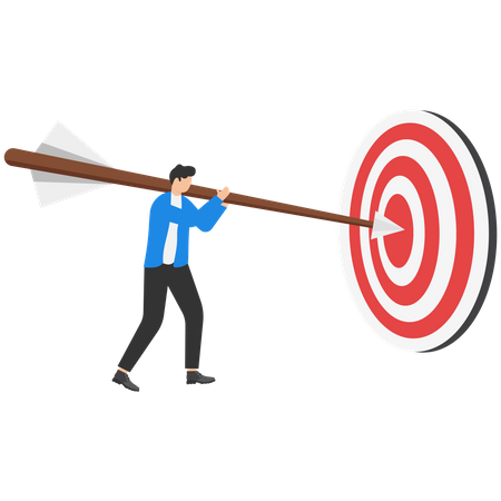 Leader holding dart and jumping to goal target  Illustration