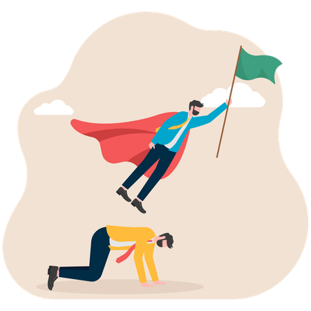 Leader holding flag and stepping on back of kneeling companion to succeed  Illustration