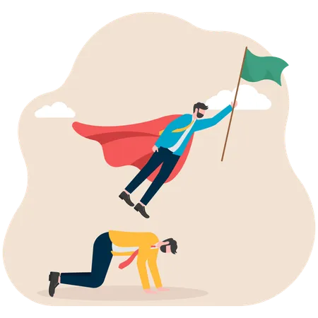 Leader holding flag and stepping on back of kneeling companion to succeed  Illustration