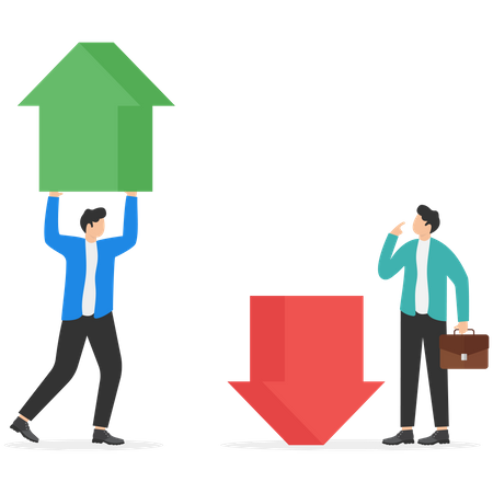 Leader holding red up arrow above his head and employee sit on blue down arrows  イラスト