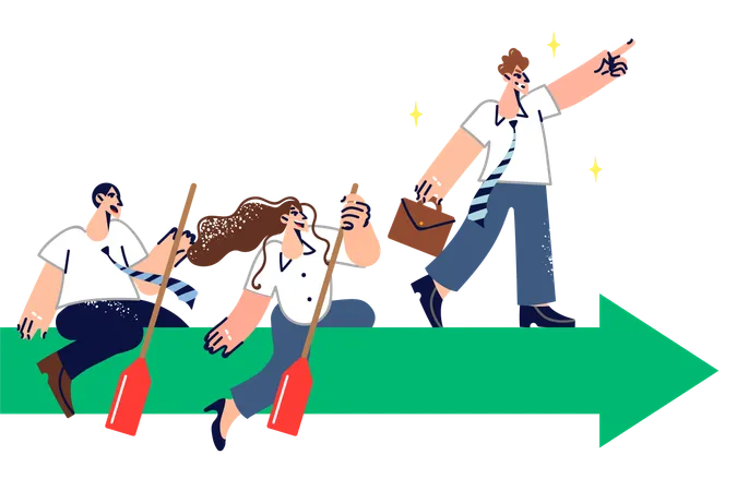 Leader Indicates Direction For Team To Move Demonstrating Leadership Qualities Standing On Green Arrow Together With Colleagues Synergy Employees Of Company And Leader Performing Assigned Tasks Illustration