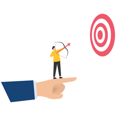 Leader pointant vers la cible avec un collègue lançant la flèche comme symbole de réussite  Illustration