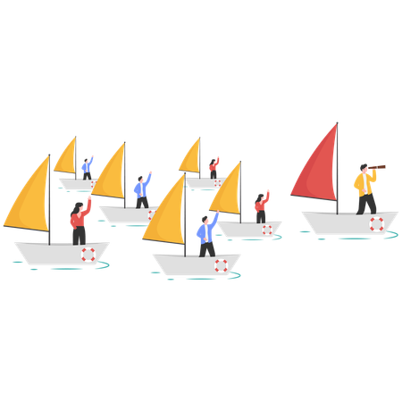 Leader standing on floating red paper boat and row of followers behind  Illustration