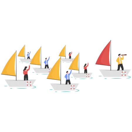 Leader standing on floating red paper boat and row of followers behind  Illustration