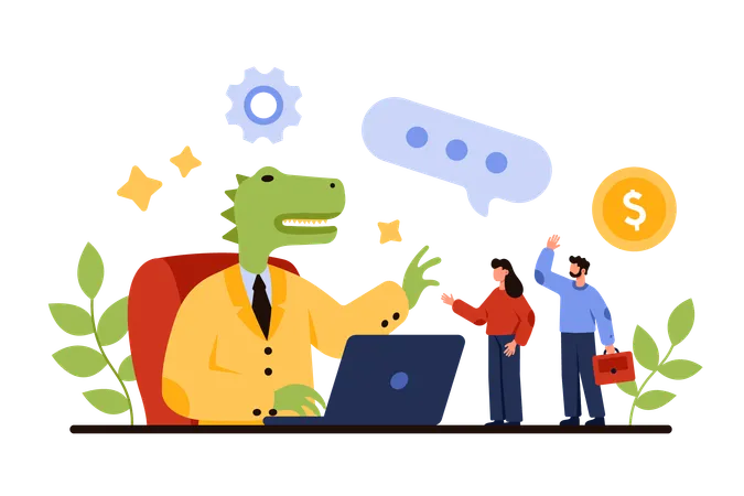 Outdated Corporate Leader With Arrogant Behavior Of Despot And Dictator Tiny People Trying To Share Opinion With Giant Dinosaur Businessman Sitting At Desk With Laptop Cartoon Vector Illustration Illustration