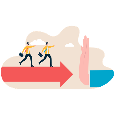 Leader with employee walking on forward while business hand stopping them  Illustration