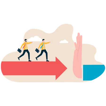 Leader with employee walking on forward while business hand stopping them  Illustration