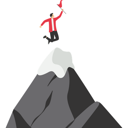 Leaders raise the flag of success on the top of the mountain  Illustration