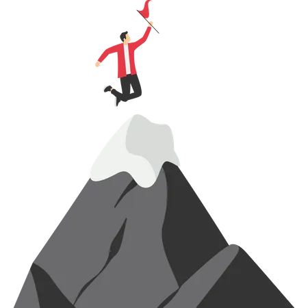 Leaders raise the flag of success on the top of the mountain  Illustration