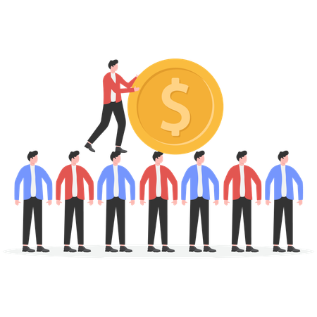 Leaders standing at head of a row of businessmen pushing gold coins  Illustration