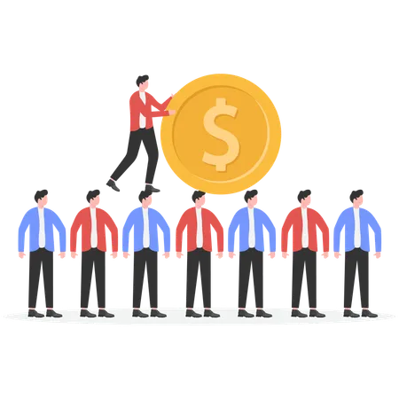 Leaders standing at head of a row of businessmen pushing gold coins  Illustration