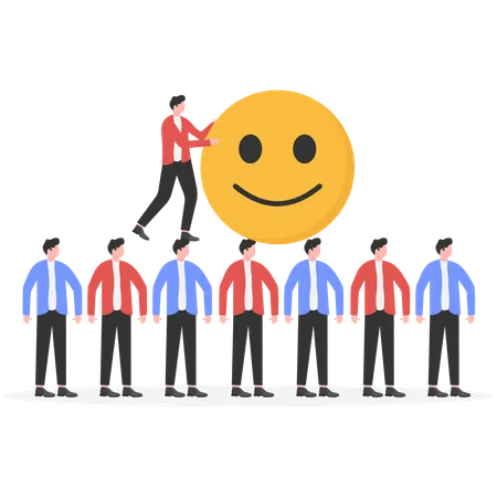 Leaders standing at head of a row of businessmen pushing smiley face  Illustration