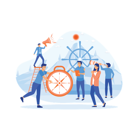 Leadership qualities in creative team direction on successful path  Illustration