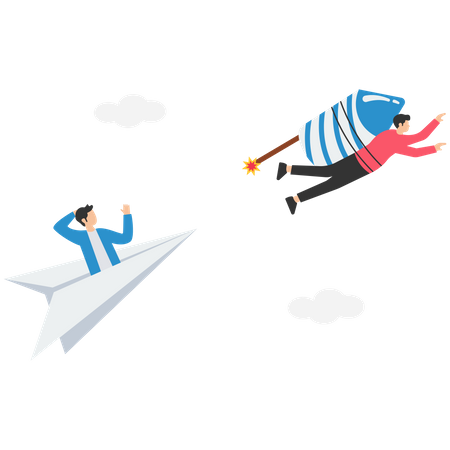 Leadership to win business competition, winner or competitive advantage to success in work, innovation and motivation concept, businessman riding fast rocket to win against other origami airplanes.  Illustration