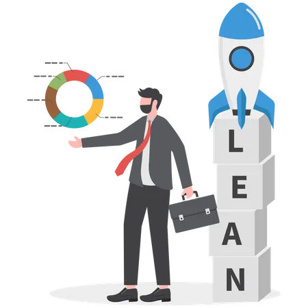 Lean Startup Using Agile Methodology To Manage Company For Fast Deliver Or Launch Product Businessman Showing Growth Graph Leaning On Box Stack With The Word LEAN With Ready To Rocket Ship On Top Illustration