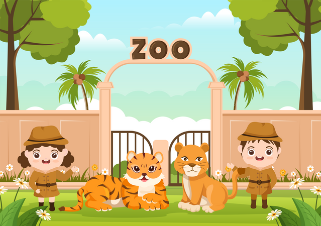 Leão e tigre com crianças  Ilustração