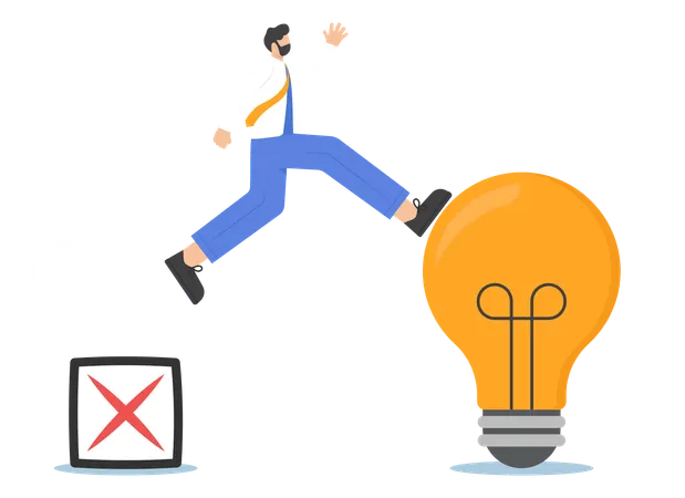 Learn From Mistake Gain Knowledge Or Experience From Failure Concept Businessman Jumping From Cross Sign Up To Light Bulb Illustration