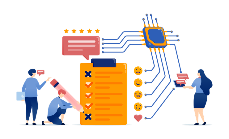 Learning engine chips and processors assist people in making choices for surveys exams or quizzes while providing feedback and reviews with AI driven cloud based accuracy  Illustration