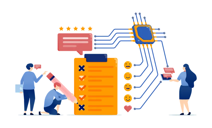 Learning engine chips and processors assist people in making choices for surveys exams or quizzes while providing feedback and reviews with AI driven cloud based accuracy  Illustration