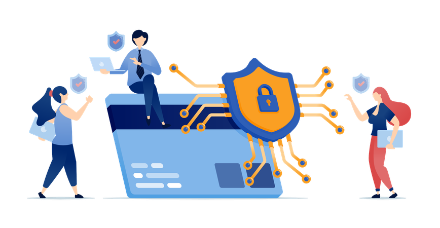 Learning engine in form of shield network chip secures and authorizes credit card transactions for banking services ensuring encrypted cloud based financial protection  Illustration