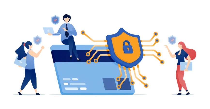 Learning engine in form of shield network chip secures and authorizes credit card transactions for banking services ensuring encrypted cloud based financial protection  Illustration